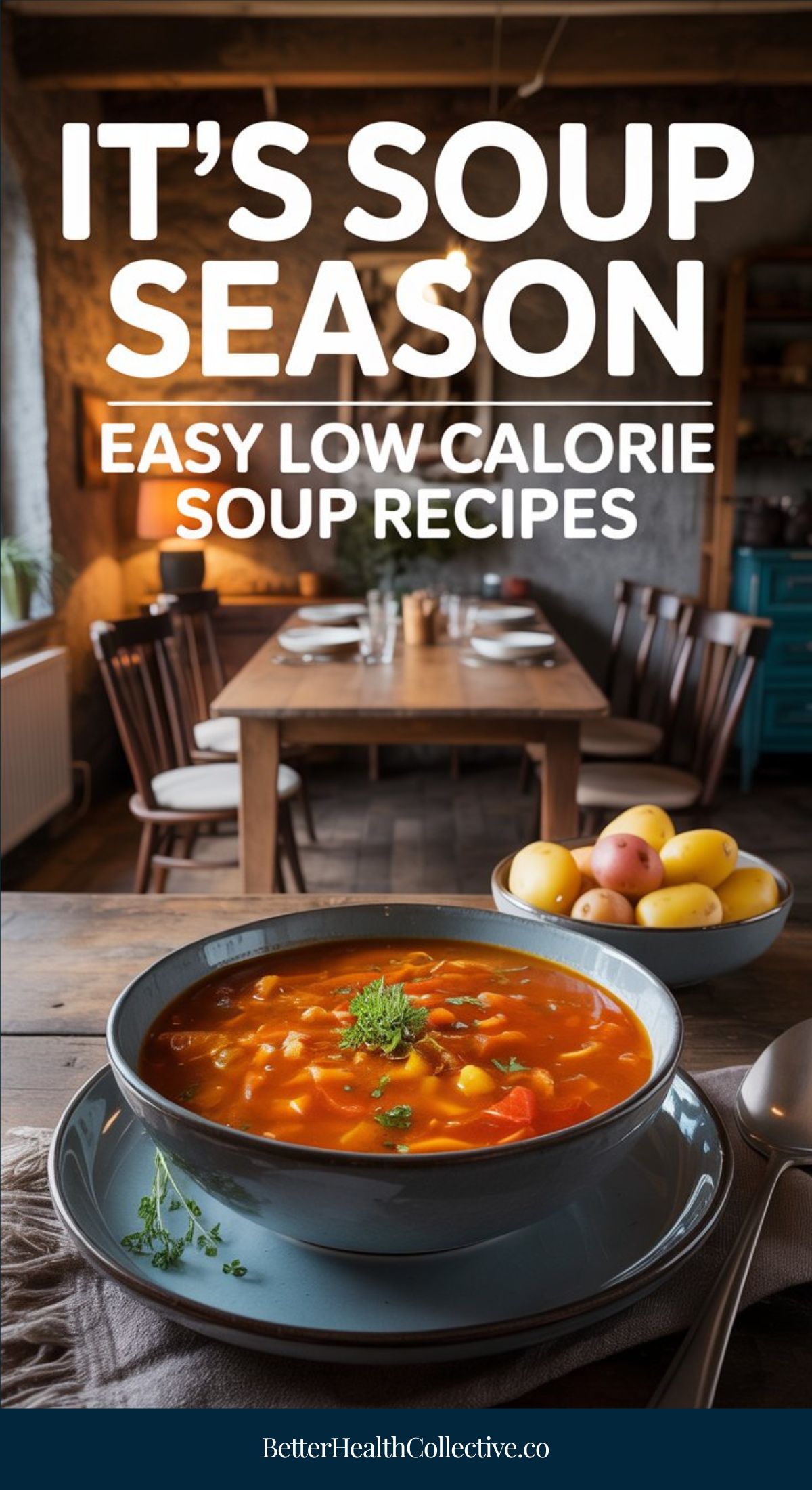A bowl of vegetable soup sits on a table, garnished with herbs, with apples and a rustic dining room in the background. Text reads: It’s soup season—Try easy, low calorie vegetarian soup recipes.