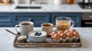 A tray on a kitchen counter holds two mugs of coffee, a glass of orange juice, a bowl of yogurt topped with blueberries—perfect for protein hacks—a measuring cup with powder, and a carton of brown eggs to help you meet your protein goals.