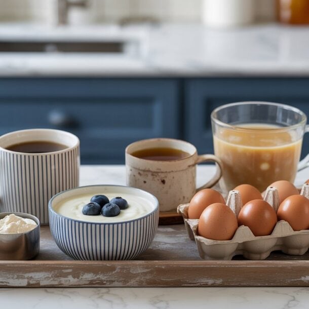 A tray on a kitchen counter holds two mugs of coffee, a glass of orange juice, a bowl of yogurt topped with blueberries—perfect for protein hacks—a measuring cup with powder, and a carton of brown eggs to help you meet your protein goals.