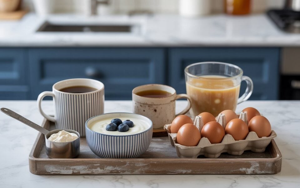 A tray on a kitchen counter holds two mugs of coffee, a glass of orange juice, a bowl of yogurt topped with blueberries—perfect for protein hacks—a measuring cup with powder, and a carton of brown eggs to help you meet your protein goals.