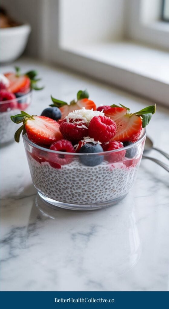 A glass bowl of high fiber chia pudding topped with sliced strawberries, raspberries, blueberries, and shredded coconut sits on a marble countertop—an ideal high fiber breakfast to help keep you full and reduce sugar cravings.
