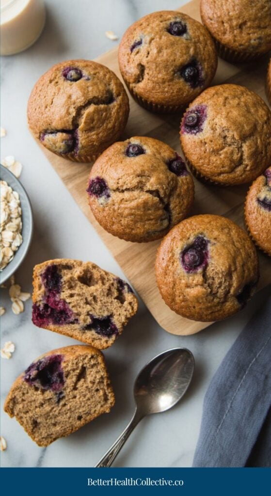 A batch of blueberry muffins is arranged on a wooden board. One muffin is cut open, revealing its moist interior with visible berries—an ideal high fiber breakfast to keep you full and reduce sugar cravings. Nearby are a spoon, oats, and a dark napkin on marble.