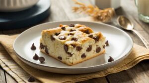 A square slice of chocolate chip cheesecake made with high protein cottage cheese sits on a white plate, with a few chocolate chips scattered around. The plate rests on a yellow cloth atop a wooden table, with a spoon and glass of milk in the background.