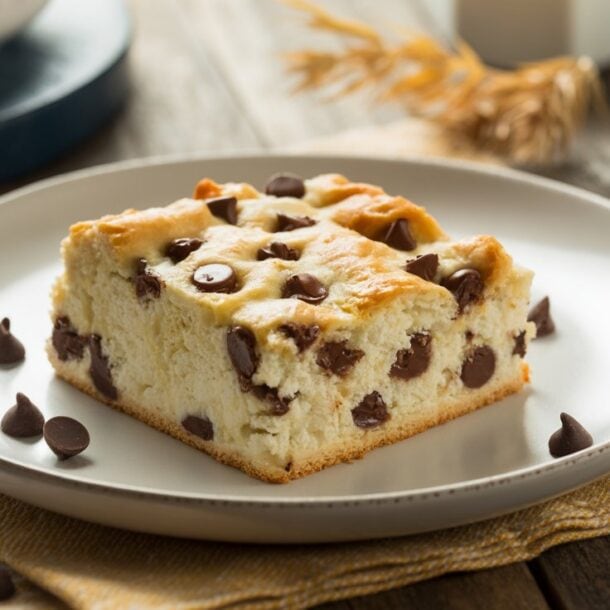 A square slice of chocolate chip cheesecake made with high protein cottage cheese sits on a white plate, with a few chocolate chips scattered around. The plate rests on a yellow cloth atop a wooden table, with a spoon and glass of milk in the background.