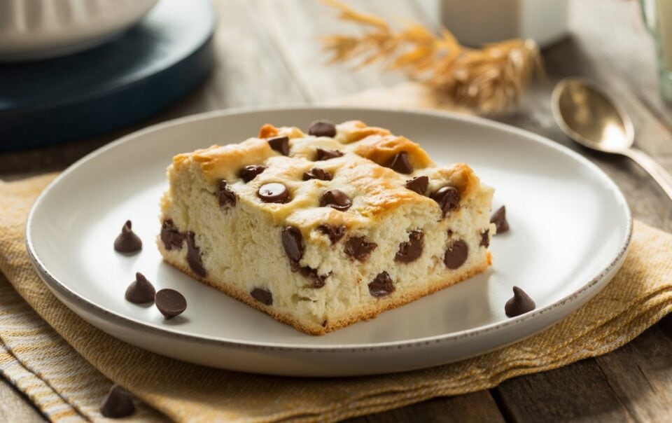 A square slice of chocolate chip cheesecake made with high protein cottage cheese sits on a white plate, with a few chocolate chips scattered around. The plate rests on a yellow cloth atop a wooden table, with a spoon and glass of milk in the background.
