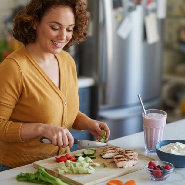 A woman in a yellow sweater slices grilled chicken and vegetables on a cutting board in her kitchen, preparing a high protein diet. On the counter are a smoothie, yogurt bowl, berries, and cut vegetables. She smiles as she prepares her meal.