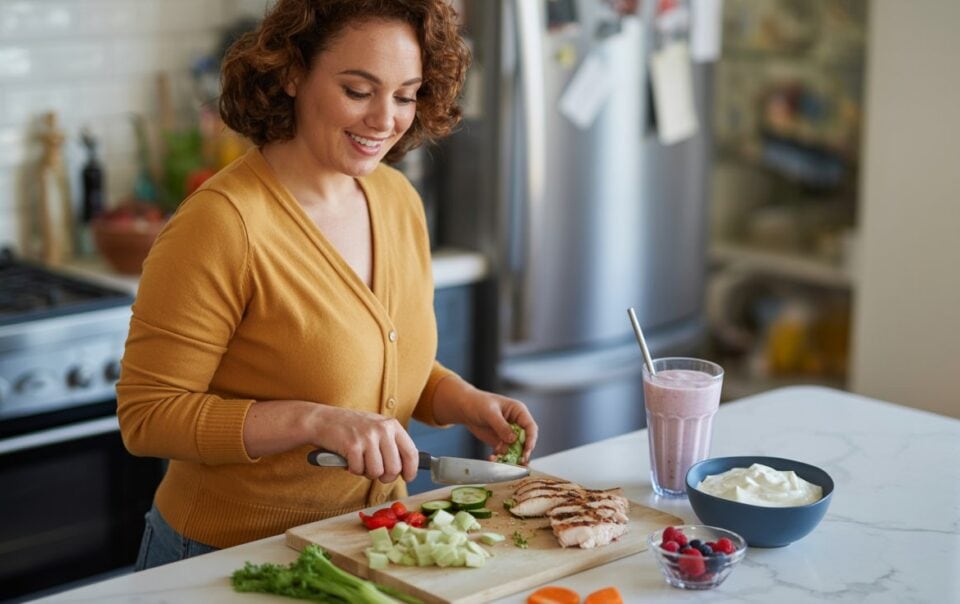 A woman in a yellow sweater slices grilled chicken and vegetables on a cutting board in her kitchen, preparing a high protein diet. On the counter are a smoothie, yogurt bowl, berries, and cut vegetables. She smiles as she prepares her meal.