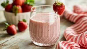 A glass of pink cottage cheese smoothie, high in protein, is garnished with a whole strawberry on the rim. It sits on a wooden table next to a red and white striped cloth and a bowl of fresh strawberries.