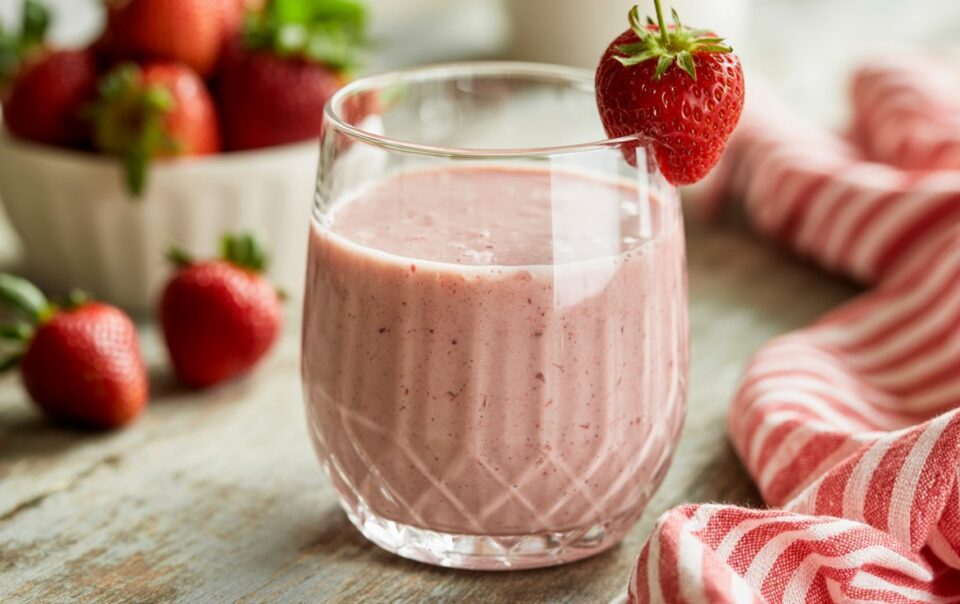 A glass of pink cottage cheese smoothie, high in protein, is garnished with a whole strawberry on the rim. It sits on a wooden table next to a red and white striped cloth and a bowl of fresh strawberries.