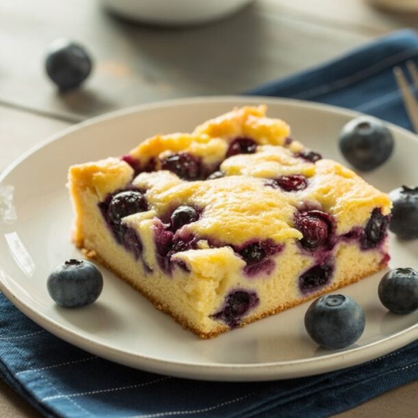 A slice of blueberry cake sits on a white plate with fresh blueberries scattered around, featuring a high protein cottage cheese blend, placed on a blue napkin with a fork nearby on a wooden table.