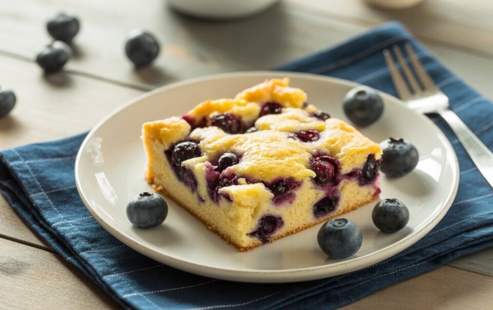 A slice of blueberry cake sits on a white plate with fresh blueberries scattered around, featuring a high protein cottage cheese blend, placed on a blue napkin with a fork nearby on a wooden table.