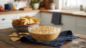 A glass bowl of high protein queso dip with green peppers sits on a blue cloth, next to a bowl of tortilla chips on a wooden table in a brightly lit kitchen.