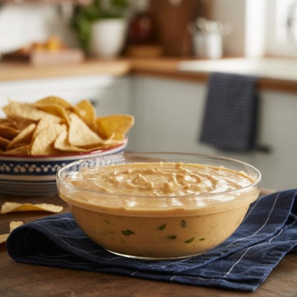 A glass bowl of high protein queso dip with green peppers sits on a blue cloth, next to a bowl of tortilla chips on a wooden table in a brightly lit kitchen.