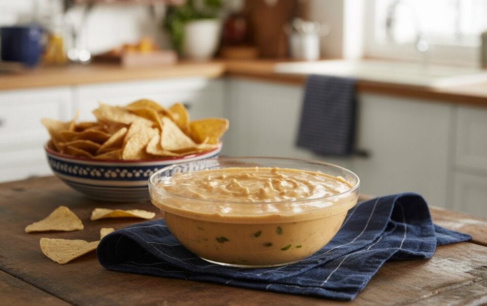 A glass bowl of high protein queso dip with green peppers sits on a blue cloth, next to a bowl of tortilla chips on a wooden table in a brightly lit kitchen.