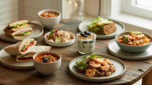A rustic table set with assorted dishes, including easy high protein lunches like sandwiches, a chicken wrap, shrimp dish, soup, salad, and a yogurt parfait with granola and blueberries—all served on neutral-colored plates and bowls.