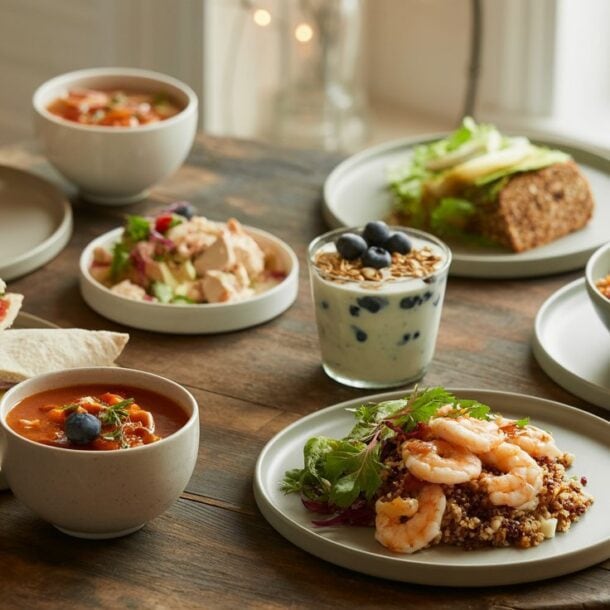 A rustic table set with assorted dishes, including easy high protein lunches like sandwiches, a chicken wrap, shrimp dish, soup, salad, and a yogurt parfait with granola and blueberries—all served on neutral-colored plates and bowls.