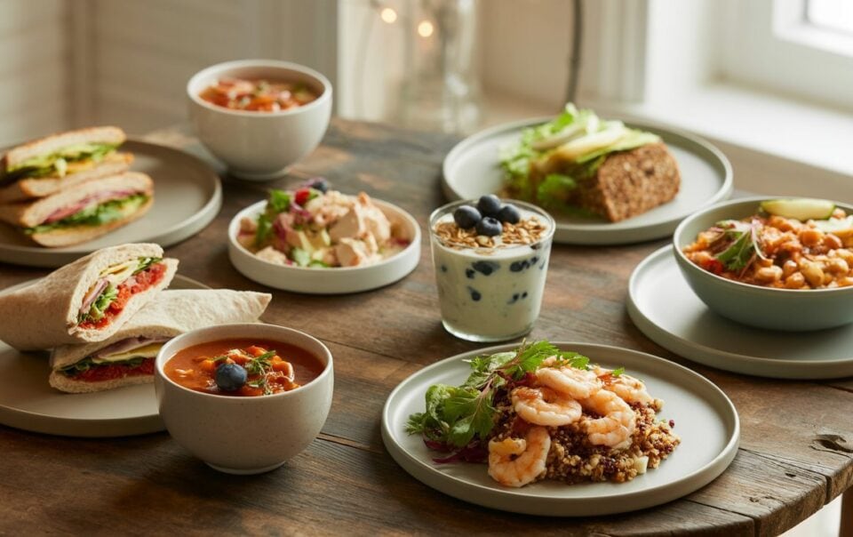 A rustic table set with assorted dishes, including easy high protein lunches like sandwiches, a chicken wrap, shrimp dish, soup, salad, and a yogurt parfait with granola and blueberries—all served on neutral-colored plates and bowls.
