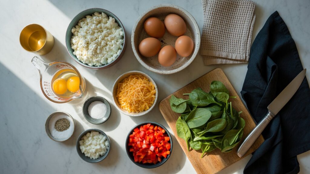 A top-down view of ingredients for a high-protein cottage cheese quiche: eggs, cheese, spinach, diced red bell pepper, measuring cup with eggs, salt, pepper, a gold cup, and towels on a marble surface with knife and cutting board.