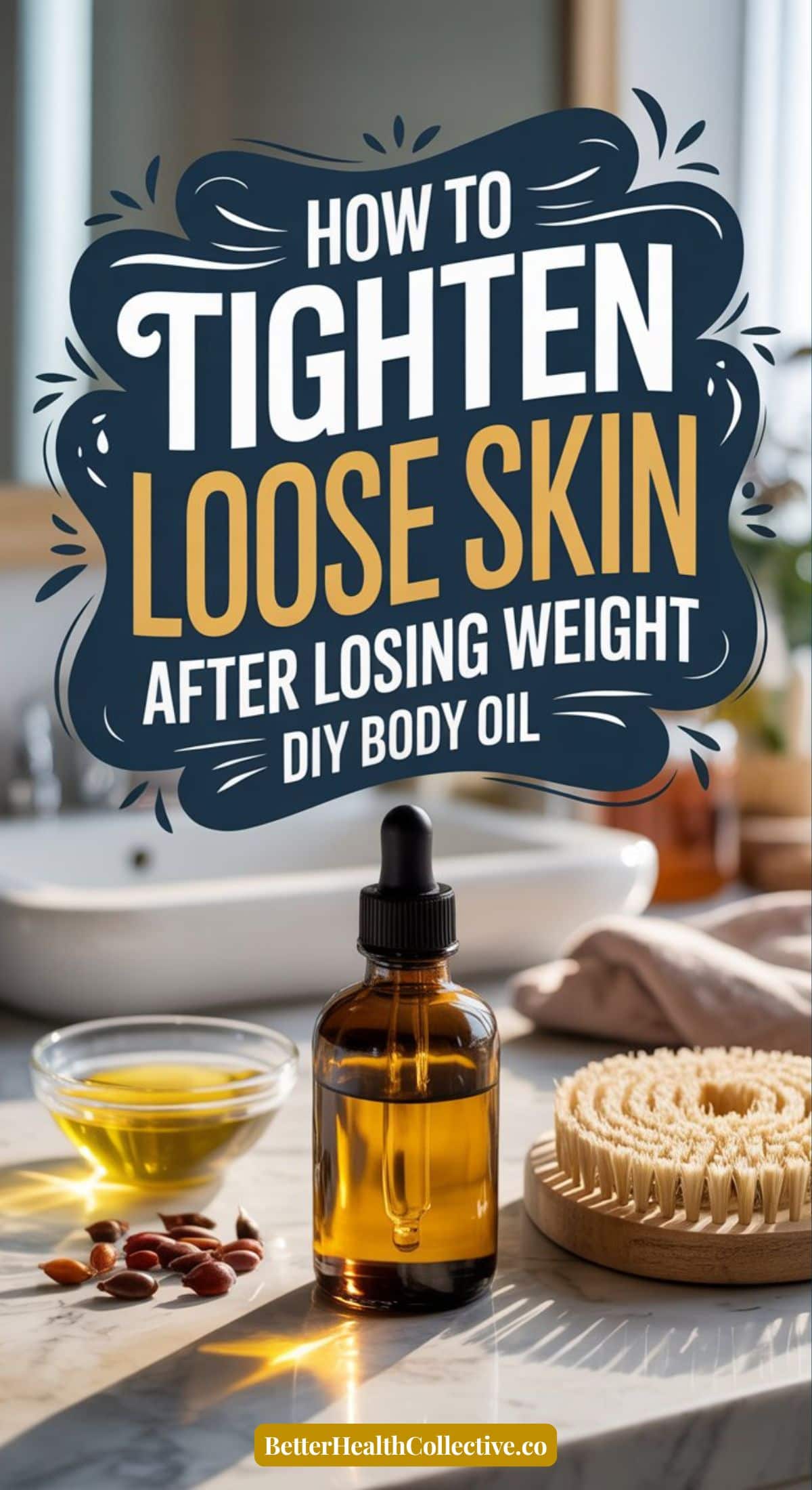 A bottle of Firming Body Oil, supplements, a dry brush, and a bowl on a bathroom counter. Text reads: “How to tighten loose skin after weight loss. DIY body oil.” Website: BetterHealthCollective.co.