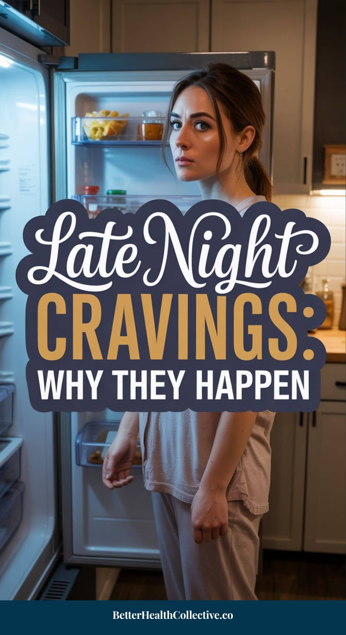 A woman in pajamas stands in front of an open refrigerator at night, looking thoughtfully inside. Text overlay reads: Causes of Late Night Cravings: Why They Happen & How to Stop Late Night Cravings. BetterHealthCollective.co appears at the bottom.