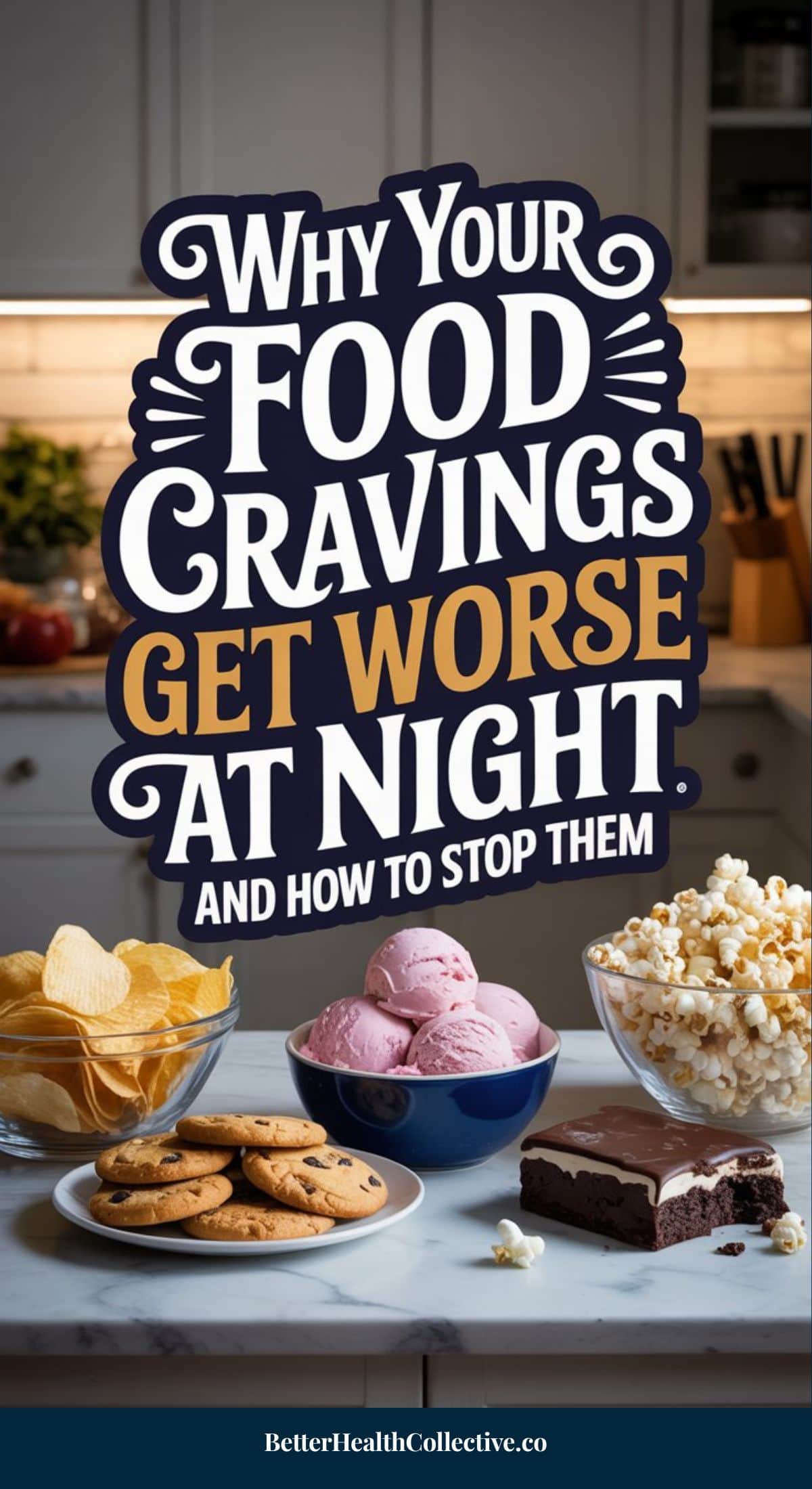 A kitchen counter with bowls of chips, cookies, popcorn, ice cream scoops, and a brownie. Text over the image reads: Causes of late night cravings and how to stop them.
