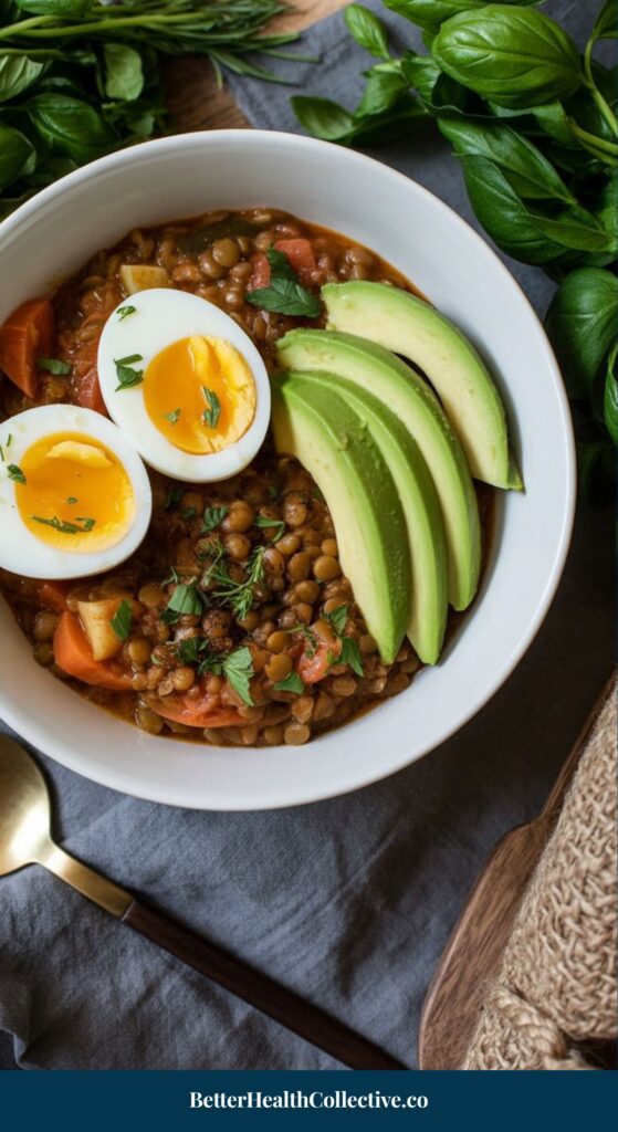 A white bowl filled with lentil stew, a high fiber breakfast topped with sliced avocado and two halved soft-boiled eggs, garnished with fresh herbs. Fresh basil, rosemary, and a gold spoon are nearby on a gray cloth.