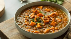 A bowl of hearty Lentil and Sweet Potato Soup garnished with chopped herbs, served in a gray bowl on a wooden surface, with a softly blurred background.
