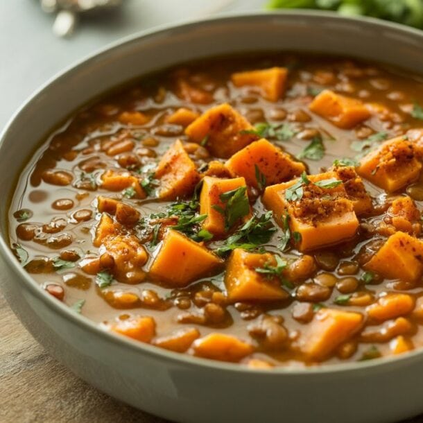A bowl of hearty Lentil and Sweet Potato Soup garnished with chopped herbs, served in a gray bowl on a wooden surface, with a softly blurred background.
