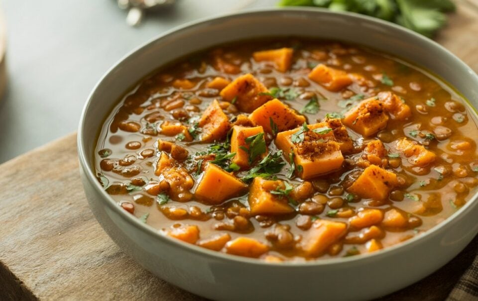 A bowl of hearty Lentil and Sweet Potato Soup garnished with chopped herbs, served in a gray bowl on a wooden surface, with a softly blurred background.