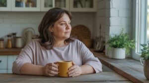 A woman with brown hair sits at a wooden kitchen table, holding a yellow mug and looking thoughtfully out the window, perhaps considering life without food noise. Green plants and kitchen items are visible in the background.