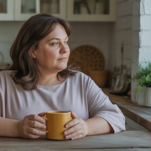 A woman with brown hair sits at a wooden kitchen table, holding a yellow mug and looking thoughtfully out the window, perhaps considering life without food noise. Green plants and kitchen items are visible in the background.