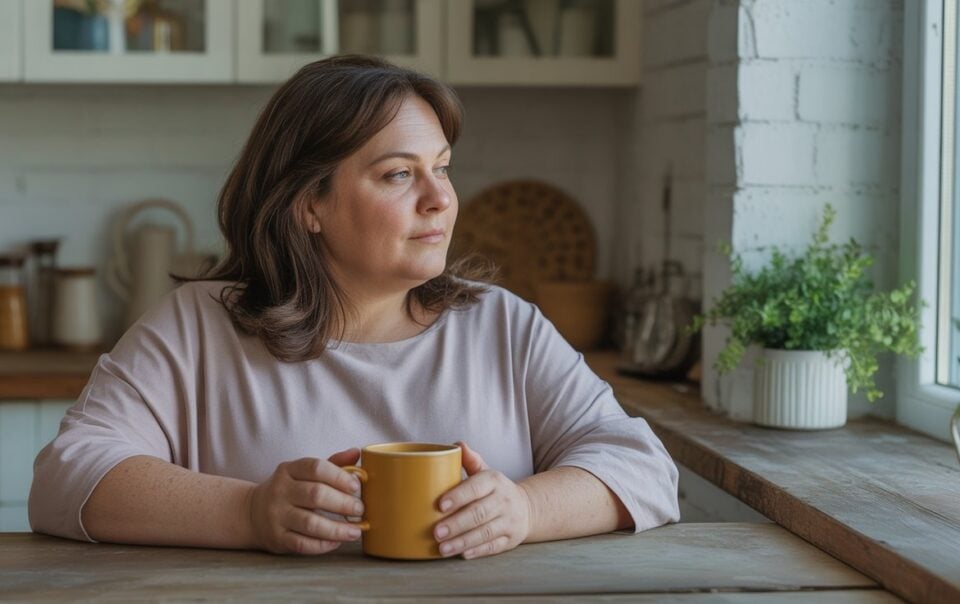 A woman with brown hair sits at a wooden kitchen table, holding a yellow mug and looking thoughtfully out the window, perhaps considering life without food noise. Green plants and kitchen items are visible in the background.