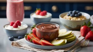 A plate with fresh strawberries and apple slices surrounds a bowl of chocolate dip. Nearby are bowls of yogurt with raspberries, oatmeal with blueberries, and a pink smoothie—perfect high protein snacks for those seeking low calorie snacks.