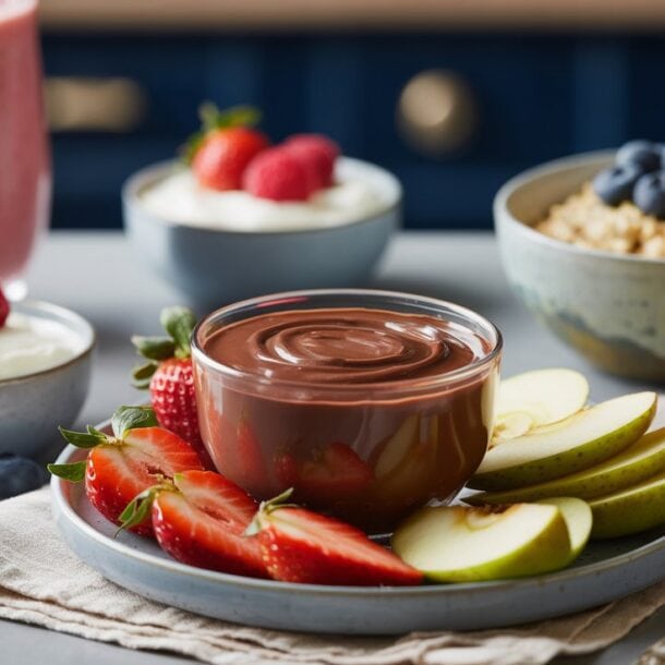 A plate with fresh strawberries and apple slices surrounds a bowl of chocolate dip. Nearby are bowls of yogurt with raspberries, oatmeal with blueberries, and a pink smoothie—perfect high protein snacks for those seeking low calorie snacks.