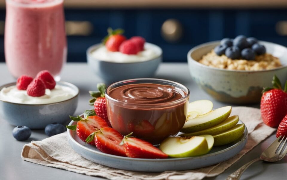 A plate with fresh strawberries and apple slices surrounds a bowl of chocolate dip. Nearby are bowls of yogurt with raspberries, oatmeal with blueberries, and a pink smoothie—perfect high protein snacks for those seeking low calorie snacks.