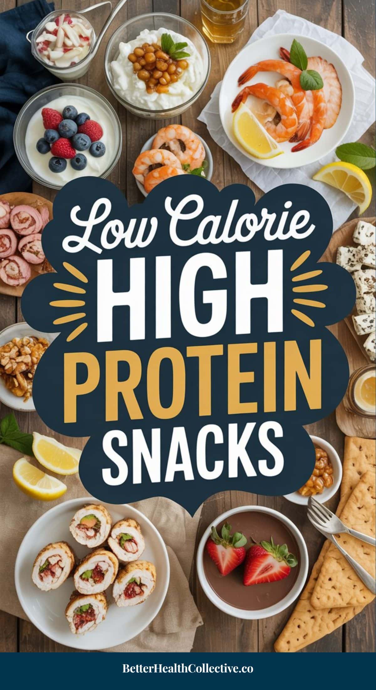 A variety of low calorie snacks, including shrimp, cottage cheese with berries, rolled deli meats, eggs, yogurt, nuts, protein bars, and crackers arranged around a sign that says High Protein Snacks—each option packs up to 30g protein.