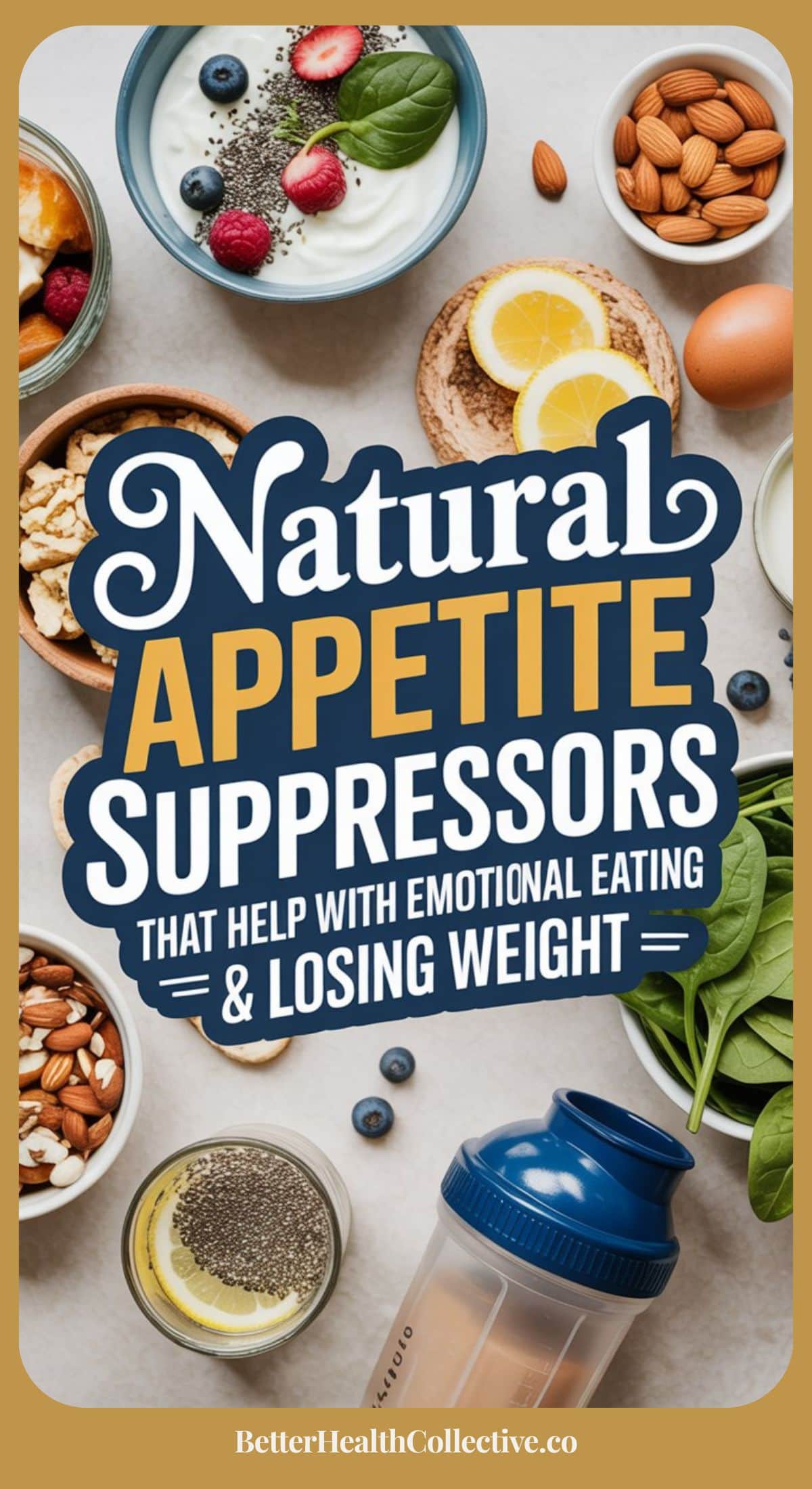 A variety of healthy foods such as nuts, berries, leafy greens, and yogurt surround text that reads, “Natural Appetite Suppressants That Help With Emotional Eating & Losing Weight.” Website: BetterHealthCollective.co.