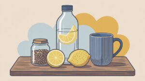 A wooden board with a jar of coffee beans, a whole lemon, a lemon half, a bottle of water with lemon slices, and a blue striped mug, against a background with blue and yellow abstract shapes.