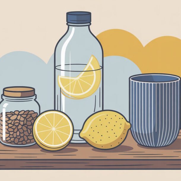 A wooden board with a jar of coffee beans, a whole lemon, a lemon half, a bottle of water with lemon slices, and a blue striped mug, against a background with blue and yellow abstract shapes.