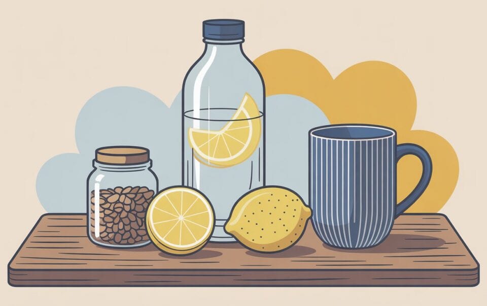 A wooden board with a jar of coffee beans, a whole lemon, a lemon half, a bottle of water with lemon slices, and a blue striped mug, against a background with blue and yellow abstract shapes.