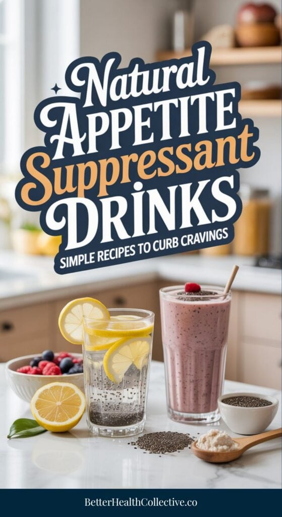 A kitchen counter displays a glass of water with lemon slices and a smoothie topped with berries, surrounded by chia seeds and bowls of fresh fruit. Text reads: “Natural Appetite Suppressants. Simple Recipes to Curb Cravings.”.