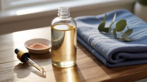 A glass bottle of body glow oil with a dropper sits on a wooden table next to a folded blue towel, a small dish of powder, and eucalyptus leaves, all bathed in natural sunlight.
