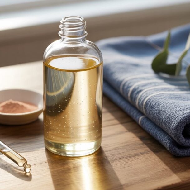 A glass bottle of body glow oil with a dropper sits on a wooden table next to a folded blue towel, a small dish of powder, and eucalyptus leaves, all bathed in natural sunlight.