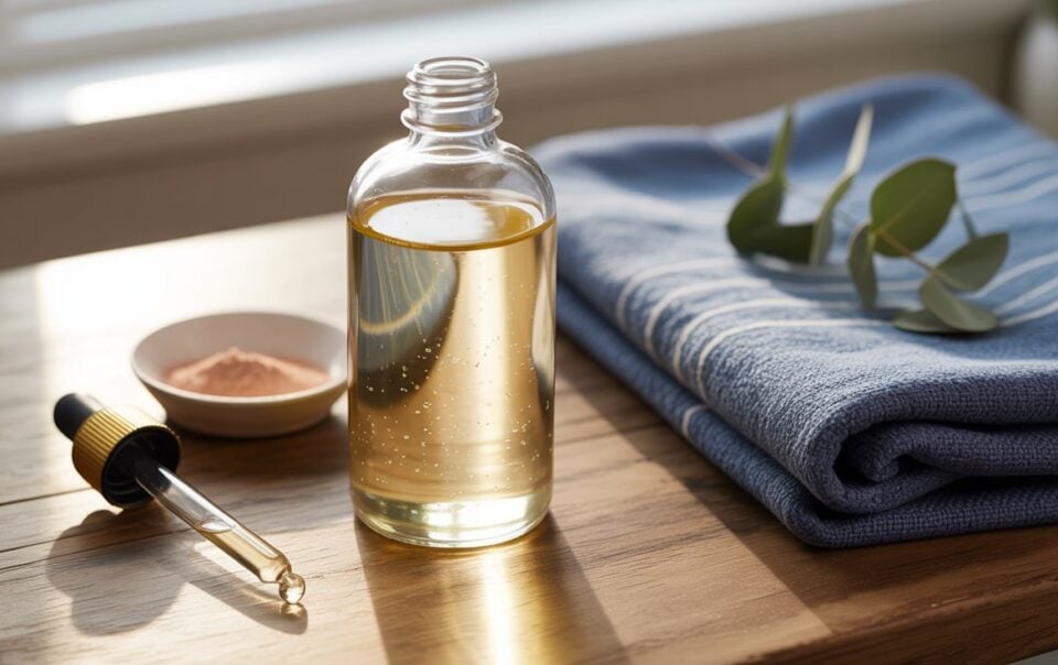 A glass bottle of body glow oil with a dropper sits on a wooden table next to a folded blue towel, a small dish of powder, and eucalyptus leaves, all bathed in natural sunlight.