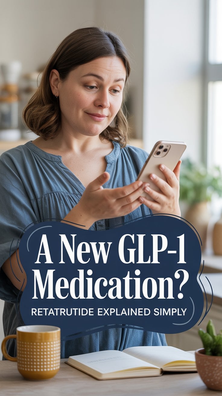 A woman in a blue shirt looks thoughtfully at her smartphone in a bright kitchen. Text on the image reads: Retatrutide—The “Godzilla of GLP-1s”? Weight Loss Explained Simply. A notebook and coffee cup are on the table.