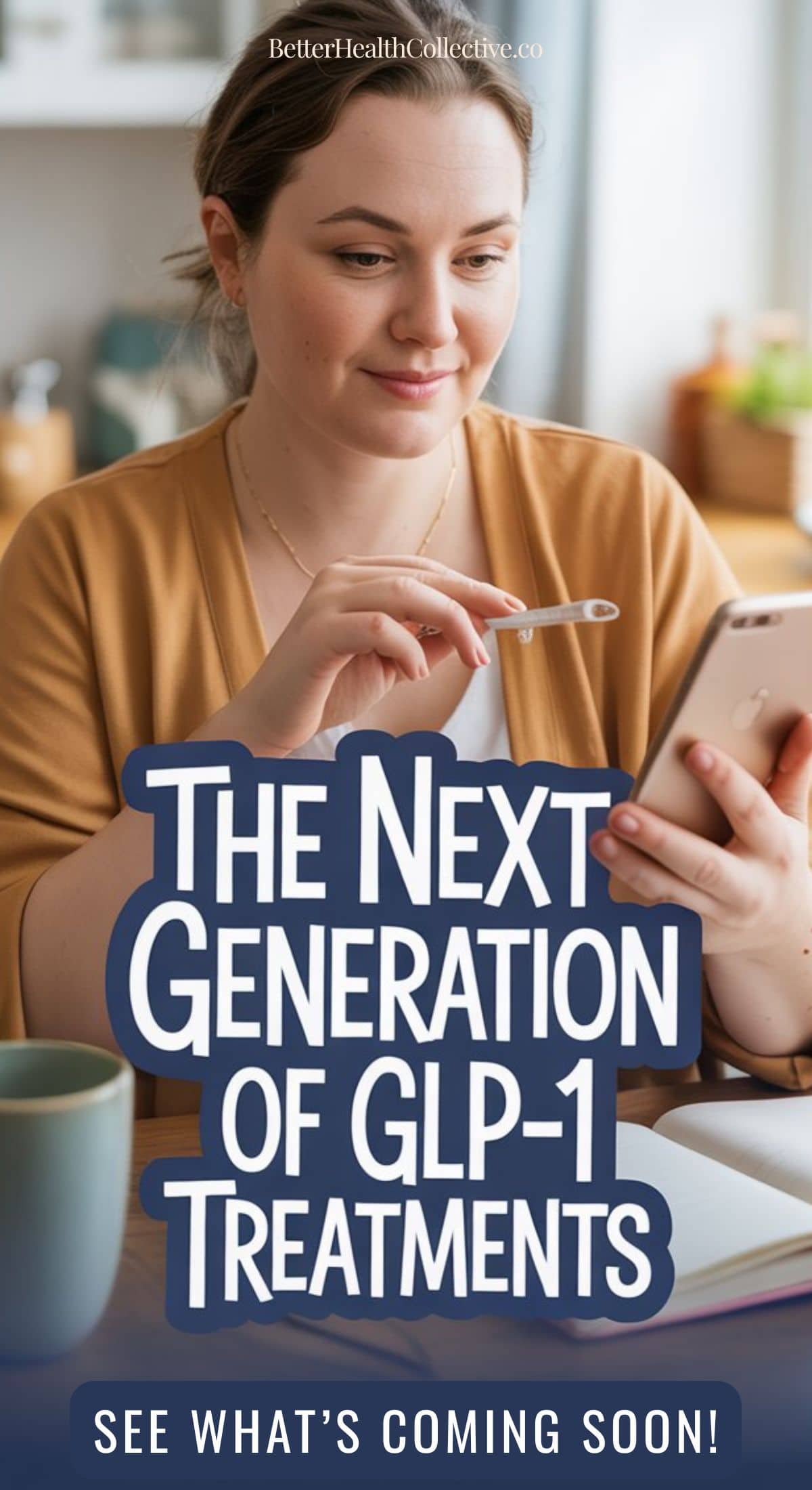 A woman sits at a table, smiling while looking at her phone. Overlaid text reads, The Godzilla of GLP-1s: The Next Generation of GLP-1 Treatments. See what’s coming soon for weight loss! A notebook and mug are visible on the table.