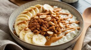 A high-protein bowl of cottage cheese topped with banana slices, granola, peanuts, a drizzle of peanut butter, and a sprinkle of cinnamon, served on a neutral-colored cloth with a wooden spoon beside it.