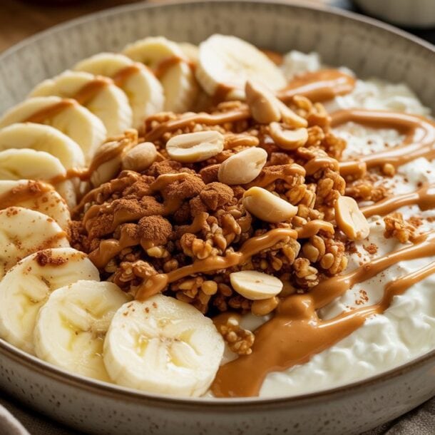 A high-protein bowl of cottage cheese topped with banana slices, granola, peanuts, a drizzle of peanut butter, and a sprinkle of cinnamon, served on a neutral-colored cloth with a wooden spoon beside it.