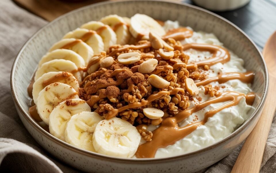A high-protein bowl of cottage cheese topped with banana slices, granola, peanuts, a drizzle of peanut butter, and a sprinkle of cinnamon, served on a neutral-colored cloth with a wooden spoon beside it.