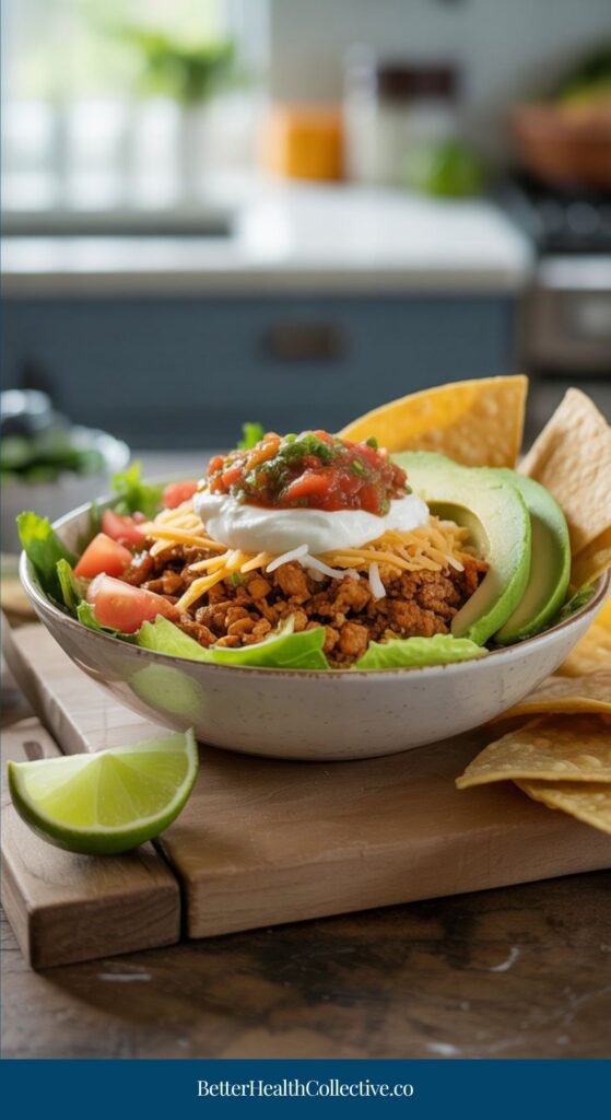 A bowl filled with seasoned ground meat, shredded cheese, lettuce, tomato, avocado slices, tortilla chips, sour cream, and salsa—with a lime wedge on the side—makes one of the best easy high protein lunches on your kitchen counter.